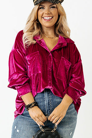 Bright Pink Velvet Chest Pocket Drop Shoulder Shirt