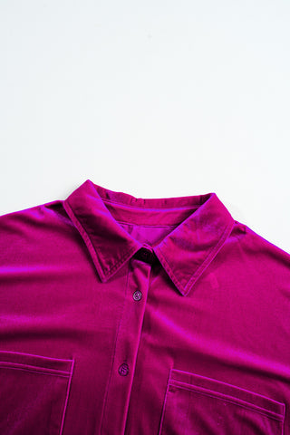 Bright Pink Velvet Chest Pocket Drop Shoulder Shirt