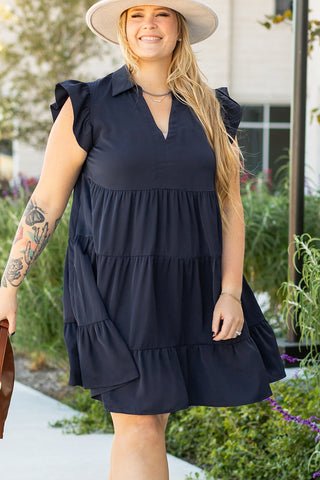 Navy Blue Collared V Neck Flutter Sleeve Tiered Dress