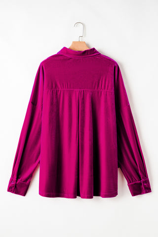 Bright Pink Velvet Chest Pocket Drop Shoulder Shirt