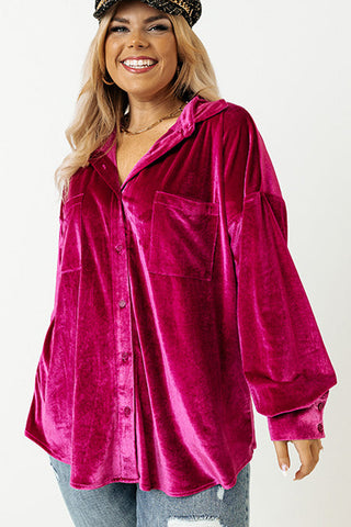 Bright Pink Velvet Chest Pocket Drop Shoulder Shirt