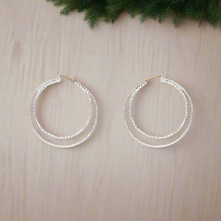 Textured Layered 2" Hoop Earring -  Silver