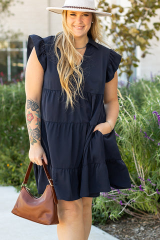 Navy Blue Collared V Neck Flutter Sleeve Tiered Dress