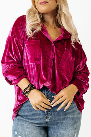 Bright Pink Velvet Chest Pocket Drop Shoulder Shirt