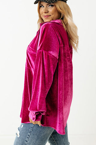 Bright Pink Velvet Chest Pocket Drop Shoulder Shirt