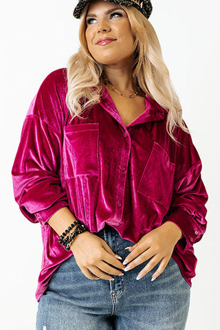 Bright Pink Velvet Chest Pocket Drop Shoulder Shirt