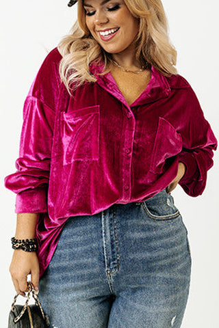 Bright Pink Velvet Chest Pocket Drop Shoulder Shirt