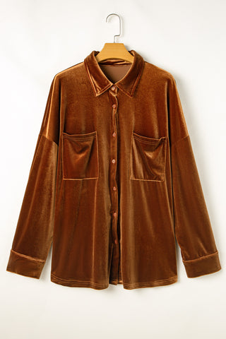 Bright Pink Velvet Chest Pocket Drop Shoulder Shirt