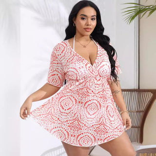 Women Deep V Plunge-neck Supply Summer Beach Vacation Blouse Print Irregular Asymmetric Dress
