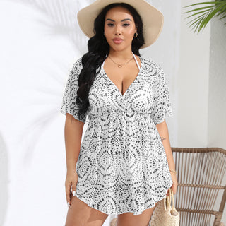 Women Deep V Plunge-neck Supply Summer Beach Vacation Blouse Print Irregular Asymmetric Dress