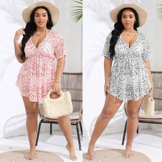 Women Deep V Plunge-neck Supply Summer Beach Vacation Blouse Print Irregular Asymmetric Dress