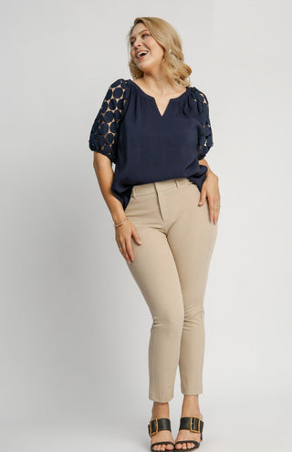 Bubble Sleeve Top with Sleeve Detail - Navy