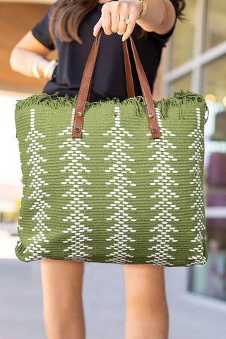 Guacamole Green Woven Fringed Tote Bag