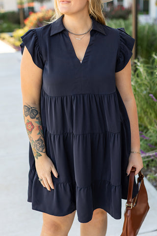 Navy Blue Collared V Neck Flutter Sleeve Tiered Dress
