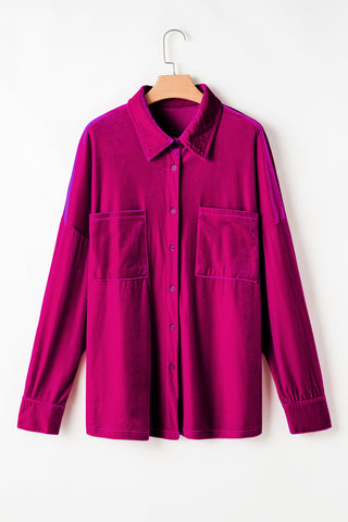 Bright Pink Velvet Chest Pocket Drop Shoulder Shirt