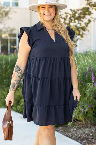 Navy Blue Collared V Neck Flutter Sleeve Tiered Dress