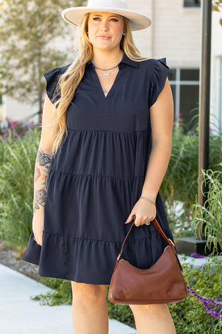 Navy Blue Collared V Neck Flutter Sleeve Tiered Dress