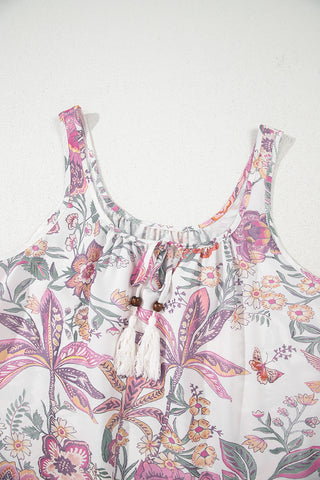 Multicolour Floral Print Fringed Tie U Neck Sleeveless Mini Dress