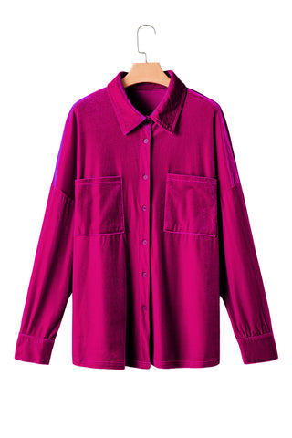 Bright Pink Velvet Chest Pocket Drop Shoulder Shirt