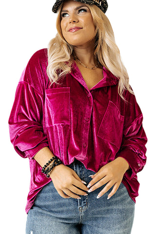 Bright Pink Velvet Chest Pocket Drop Shoulder Shirt