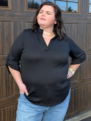 V-Neck Collared Blouse with Three Quarter Sleeves